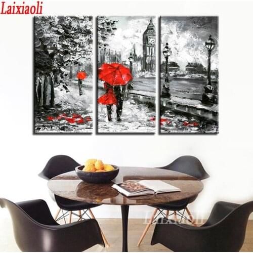 3 Pcs Red Umbrella Lover Painting diamond London Street Rain city scenery diamond embroidery mosaic full rhinestone black white