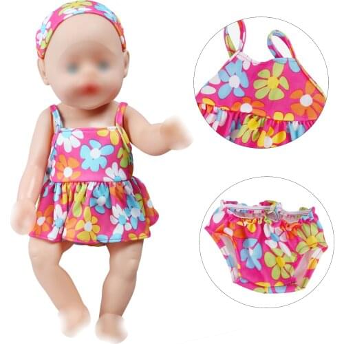 Doll Clothes Fit 18 inch 43cm Baby Doll Pink Swimsuits Floral Swimwear with Cap Cute Beach Outfit Accessories Children Toy