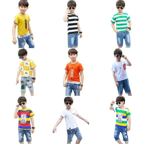 Summer Boys Kids Fashion Clothes Casual Wear Childrens Sportswear Boys 2-piece T-shirt Top + Denim Shorts Sports Suit