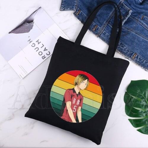 Haikyuu Fashion Canvas Bag Women Girls Simple Large Capacity Storage Handbag Shoulder Bag Tote Reusable Student Bookbag Black