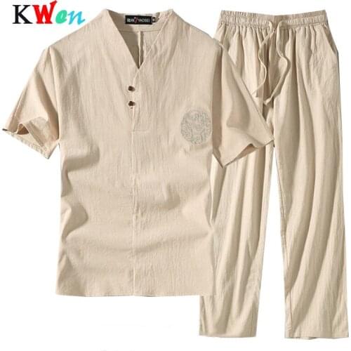 T-shirt And Pants Men Chinese Style Vintage Tang Suit Home Tees Oversize T Shirt Short Sleeve Large Size Big 7XL 8XL 9XL Tops