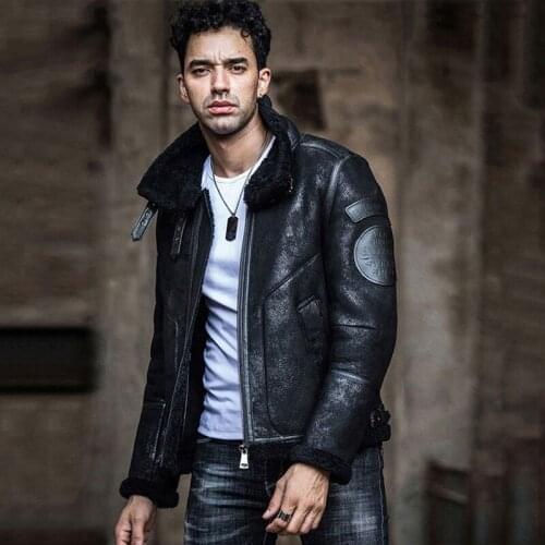 New Mens Sheepskin Shearling Jacket B3 Flight Jacket Black Leather Jacket Short Motorcycle Jacket Mens Fur Coat
