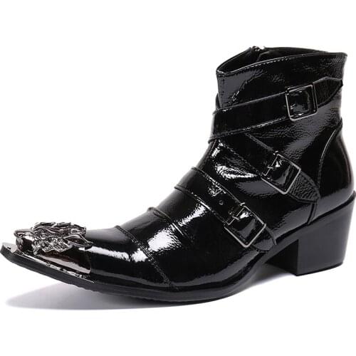 European Style High Heels Steel Toe Metal Botas Masculina Black Leathter Formal Mens Dress Boots Side Zipper Punk Rock Boots