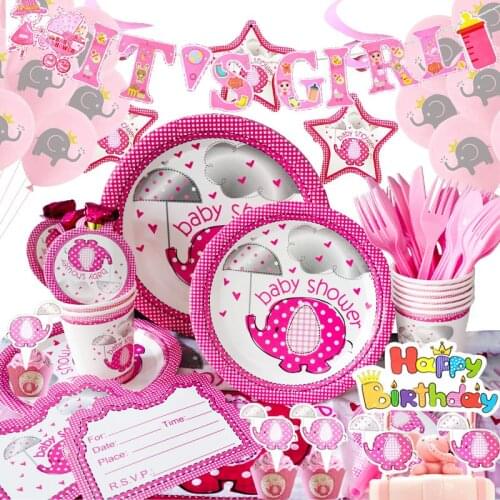 Girl pink elephant theme disposable tableware set plate cake flag tablecloth party decoration girl gender reveal baby shower