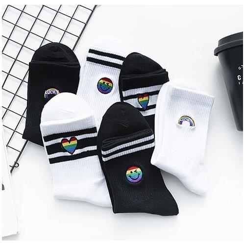 Womens Black White Color Socks 1 Pair Japanese Style Kawaii Cute Socks Cotton Casual Socks EU 35-43 Size Drop Shipping Socks