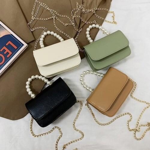 2021 Korean Version of The New Fashion Pearl Shoulder Bag Retro Handbag Solid Color PU Chain Slung Small Square Bag