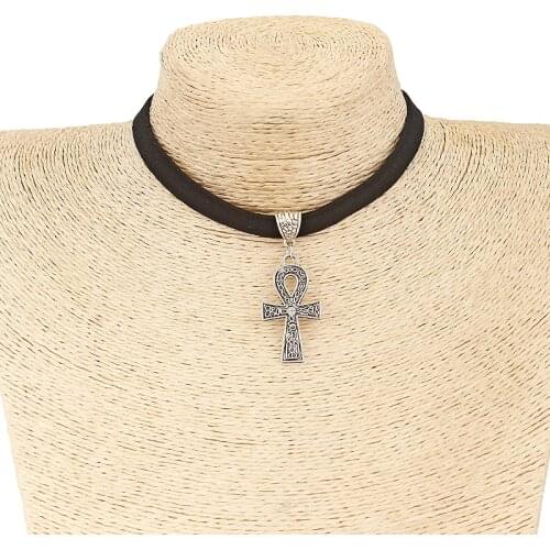 Black 10mm Flat Faux Suede Cord Egypt Ankh Cross Charm Choker 13 Inches Necklace Wiccan Pagan Gothic Jewelry