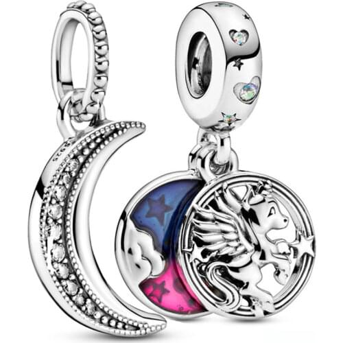 DIY Charm Sparkling Crescent Moon Magical Unicorn Aurora Borealis Pendant 925 Sterling Silver Bead Fit Pandora Bracelet Jewelry