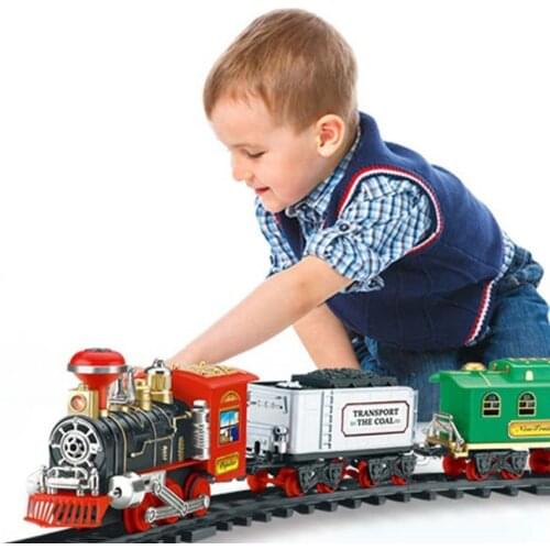 Children Electric Remote Control Rail Train Set Simulation DIY Assembly Model Train Toy Rechargeable Classic Steam Train Kids Bi