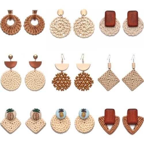 Handmade Geometric Rattan Weave Dangle Earrings For Women Fashion Pineapple Long Earrings Trendy Jewelry Brincos 2021 Christmas