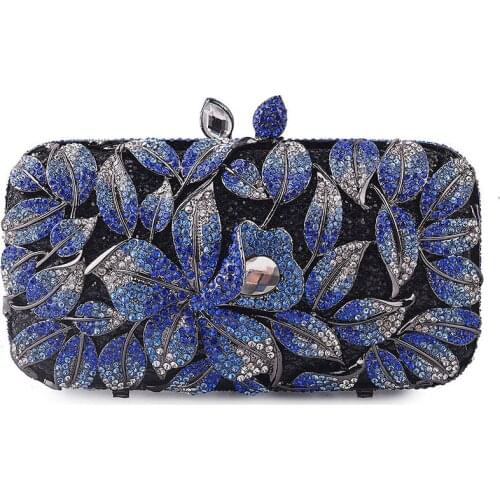 XIYUAN Women black/blue/purple Bridal Metal Clutch Floral leaf Bag Women Crystal Evening Bag Wedding Party Handbags Purse Lady