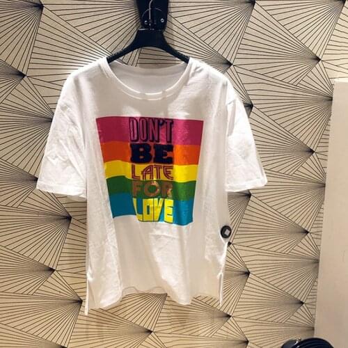 Patads French womens gradient printing short sleeve lady T-shirt spring and summer round neck college top t11583e