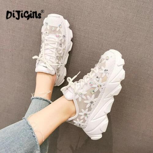 Street breathable air mesh yellow sneakers women comfortable platform crystal floral spring summer shoes woman flats Drop Ship