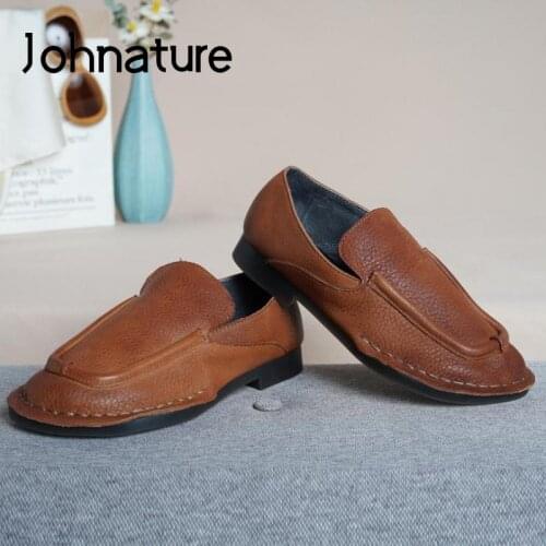 Johnature Spring/Autumn Flats Women Shoes Genuine Leather Round Toe Shallow Handmade Leisure Retro Four Seasons Ladies Shoes