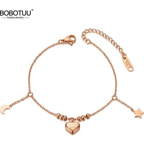BOBOTUU Fashion Stainless Steel Forever Love Heart Charm Bracelets For Women Rose Gold Star Moon Chain & Link Bracelet BB20102
