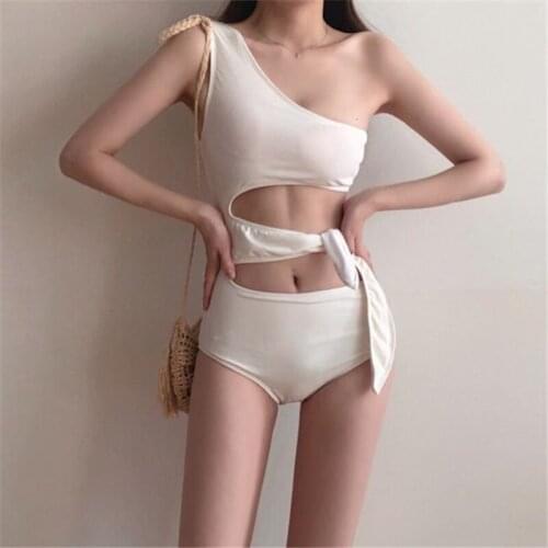 Women One Piece Swimsuit Single Shoulder Solid Swimwear Lace-up Hollow Waist Swim Suit Korea Style Bathing Suit Padded Wireless