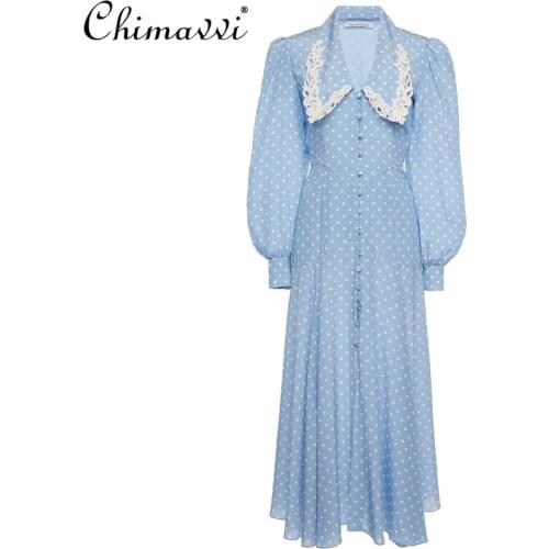 Fashion Polka Dot Dress Vintage Lace French Blue Chiffon Dress Women 2021 Spring High Waist Slim Temperament Feminine Dress