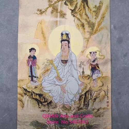 Golden child, jade girl, Guanyin statue, golden Thangka brocade portrait, religious Buddha statue, silk embroidery