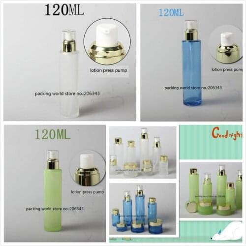 120ml frosted/green/blue glass bottle gold pump clear lid for serum/lotion/emulsion/foundation skin care cosmetic packing