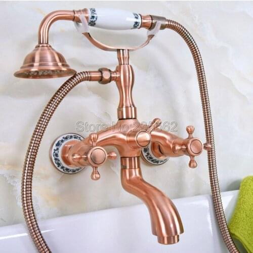Antique Red Copper Wall Mount Clawfoot Bath Tub Faucet Tap w/ Handheld Shower lna325
