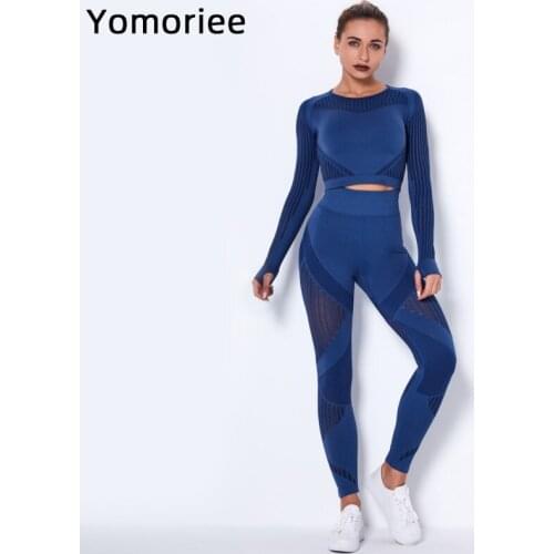 Seamless Knitting Clothes Sports Yoga Suit Hollowed-out Fitness Two-piece Set Active Wear Women Plus Size Workout Running Nylon