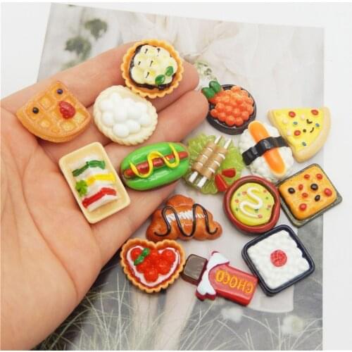Julie Wang 10PCS Resin Artificial Food Charms Random Mix Sushi Bread Pizza Cake Hot Dog Sandwich Jewelry Making Accessory Decor