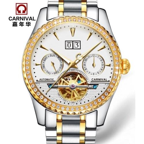 Carnival diamond military famous brand tourbillon automatic mechanical watches men fashion waterproof luminous full steel watch
