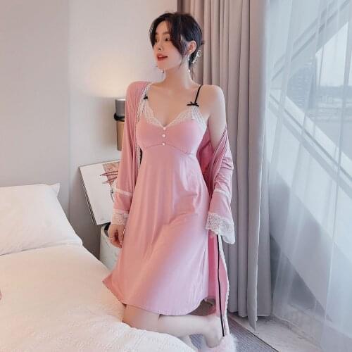 Pink 2PCS Modal Robe Sets Women Palace Style Kimono Nightgown Sexy Lace Strap Top Sleepshirt Bathrobe Lingerie Bride Home Dress
