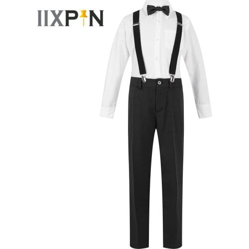 4Pcs Childrens Gentleman Clothes Bowtie Shirt Suspenders Pants Flower Boys Suit Party Performance Costumes Kids Suits for Boys