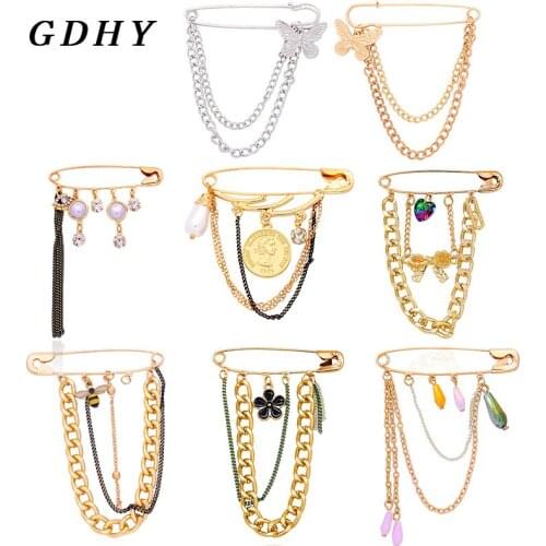 GDHY Metal Chain Series Safety Pin Brooch Bow bee flower coin Pearl zircon Metal Tassel Chain Badge Shirts Lapel Brooches