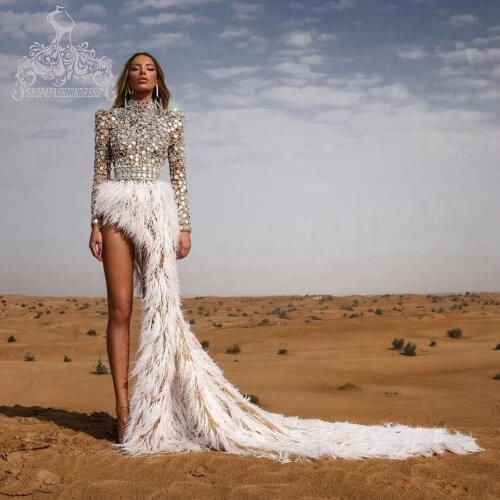 Fashion Silver Sequin Long Sleeves Prom Gowns High Low Full White Feather Luxury Dubau Prom Dress Custom Made Pageant Dress