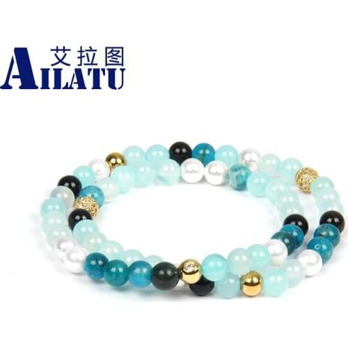 Ailatu Fashion Womens Wristband Double Roll Bracelet with 6mm Natural Apatite & Onyx Stone Beads