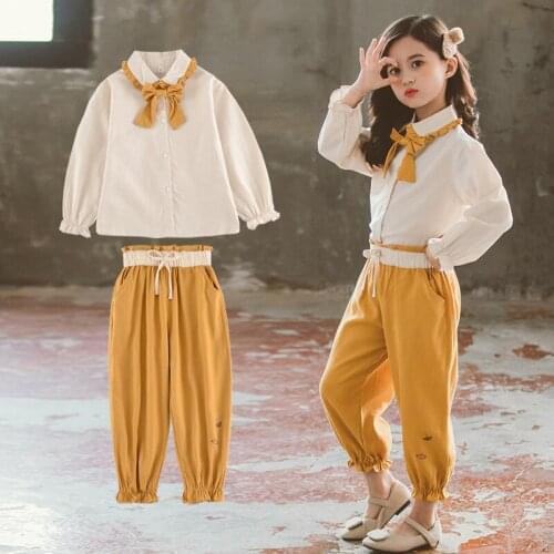 2020 Spring Autumn Big Girls Clothing Set Children Bowtie Shirt +Loose Pants 2pcs Outfits Kids Retro Fashion Clothes Suit