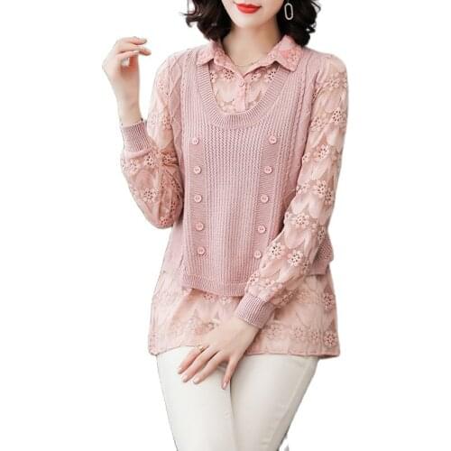 New Ladies Sweater Spring Autumn Womens Jacket Fake Two-Piece Shirt Collar Lace Sleeves Blouse Female Knitted Bottoming Shirt