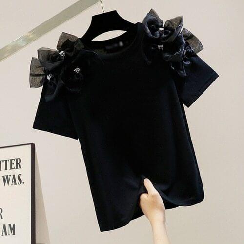 New Korean Style Tshirt for Women Fashion Heavy Industry Three-Dimensional Bow Decoration Knitted Shirts Lady Tops White Black