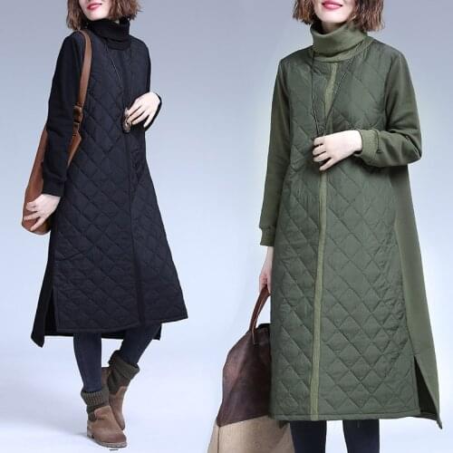 Autumn Winter Women Cotton Warm Dress Loose Medium Length Over Knee Robe High Neck Stitching Thickened Hedging Vestidos