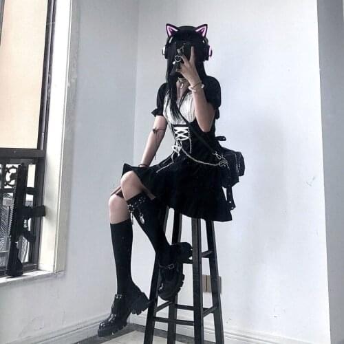 2021 Goth Maid Dress Kawaii Gothic Milkmaid Lolita Outfit Cosplay Costume E Girl Puff Sleeve Bandage Dress 2021 Mall Goth Emo
