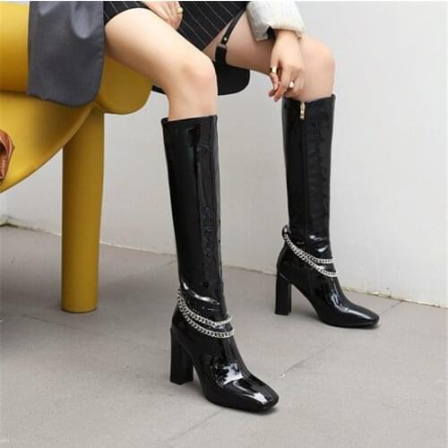 PXELENA 2020 Winter New Metal Chain Punk Rock Knee High Boots Patent Leather Square Toe Chunky Heels Motorcycle Boots Large Size