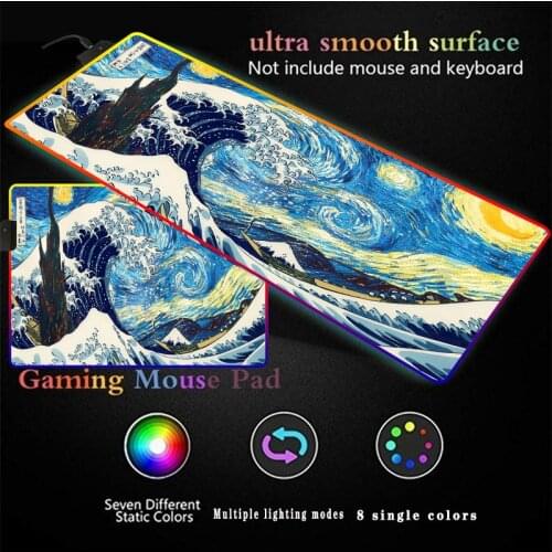 Great Starry Wave Of Kanagawa RGB Luminous Gaming Mouse Pad Oversized Glowing USB LED Extended Keyboard Mat Computer Mousepad