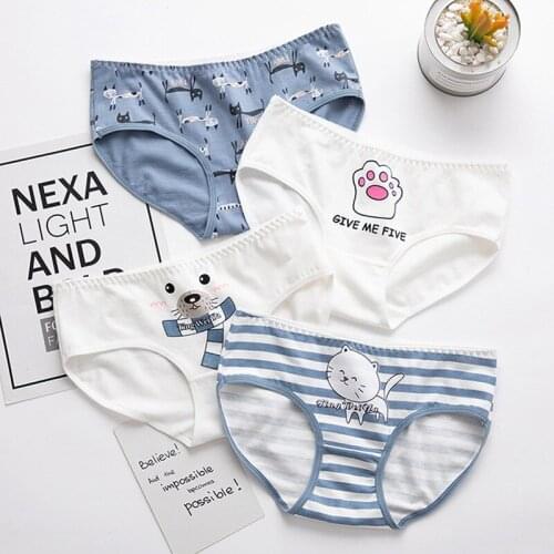 Cute Cat Cartoon Print Panties Fashion Simple Blue Striped Mid-Rise Briefs Womens Underwear