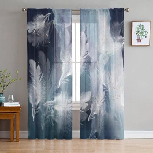 White Feathers Falling Window Treatment Tulle Modern Sheer Curtains for Kitchen Living Room the Bedroom Curtains Decoration
