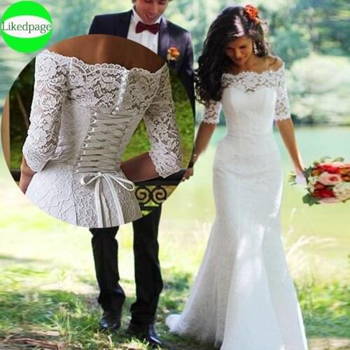 Vintage Lace Boho Wedding Dresses 2020 Mermaid Vestidos De Novia Off Shoulder Half Sleeves Bridal Gowns Simple Robe Mariage Boda