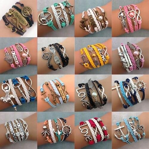 20pcs/lot Vintage Multilayer Braided Leather Bracelets Bangles For Women Mix Style Fashion Jewelry Party Gifts