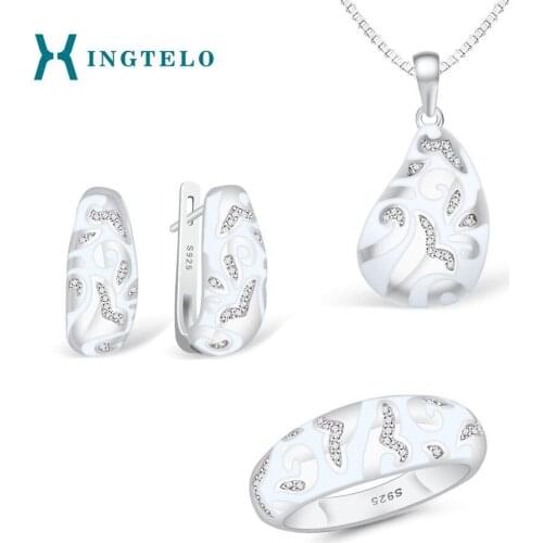 XINGTELO 925 Sterling Silver Jewelry Set White Crystal Accessories for Wedding Pendant Silver Chain Stud Earrings Ring for Women