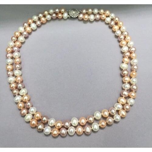 7-8MM natural fresh water pearl necklace double layers nearround flawless mutli color pearl necklace fashion women jewelry