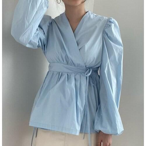 ZCSMLL Korea Chic Autumn Loose Solid Color Blouses V-neck Cross Design Lace-up Waist Puff Sleeve Shirt Women Tops