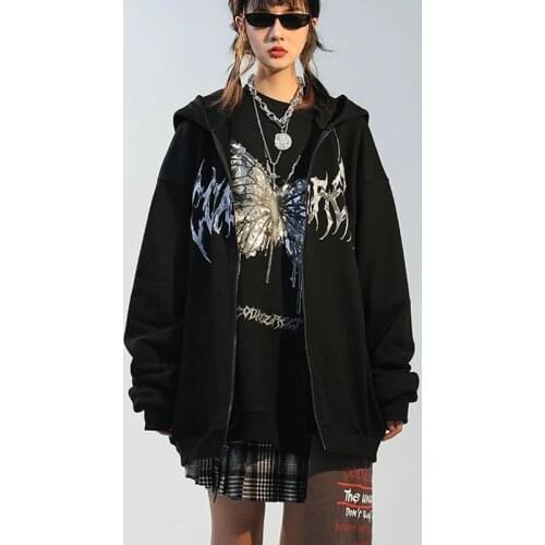 Women Hip Hop Streetwear Y2k aesthetic Clothes grunge Punk Jacket Zip-up Hoodies Women Jacket butterfly Print Coat Goth Harajuku