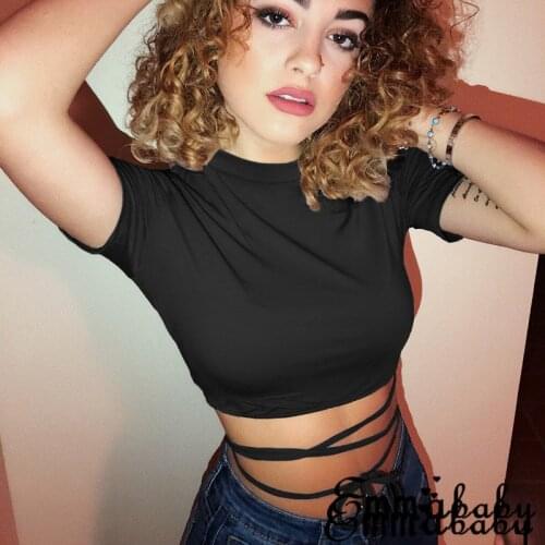 Women Sexy Bnadage Crop Tops Summer Short Sleeve Black Short T-Shirts Short Sleeve Bandage Tee Tops Female Shirts