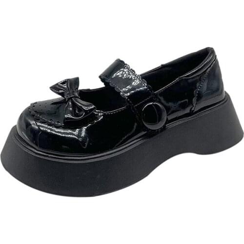 2021Spring Summer Japanese Womens Wedges Single Shoes Female Round Thick Heel Platform Shoes Black Leather Loafers