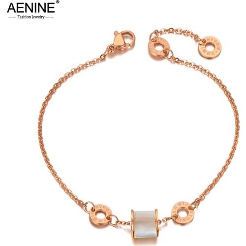AENINE Titanium Stainless Steel White Shell Chain & Link Bracelets For Women Trendy Roman Numerals Bracelet Jewelry AB20132